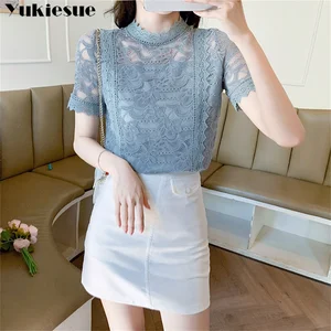 Lace Short Sleeve Top Women 2022 Summer Foreign Style Small Stand Collar Hollow Thin Mesh with Lace  in Pakistan