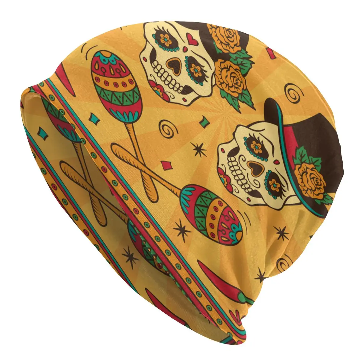 Dia De Los Muertos Sugar Skulls With Maracas Men's Beanies for Women Outdoor Bonnet Hats Unisex Knitted Hat Hip Hop Cap