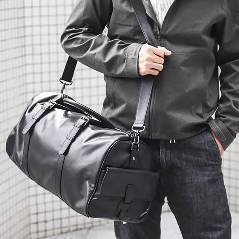 Luufan Soft Genuine Leather Travel Bag For Men Women Black Cowhide Travel Duffel With Shoe Pocket Big Capacity Male Luggage Bag