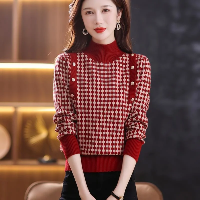 

Women's Pullover Sweater Autumn Winter Half Turtleneck Houndstooth Bottoming Shirt Button Long Sleeve Knitted Top Female