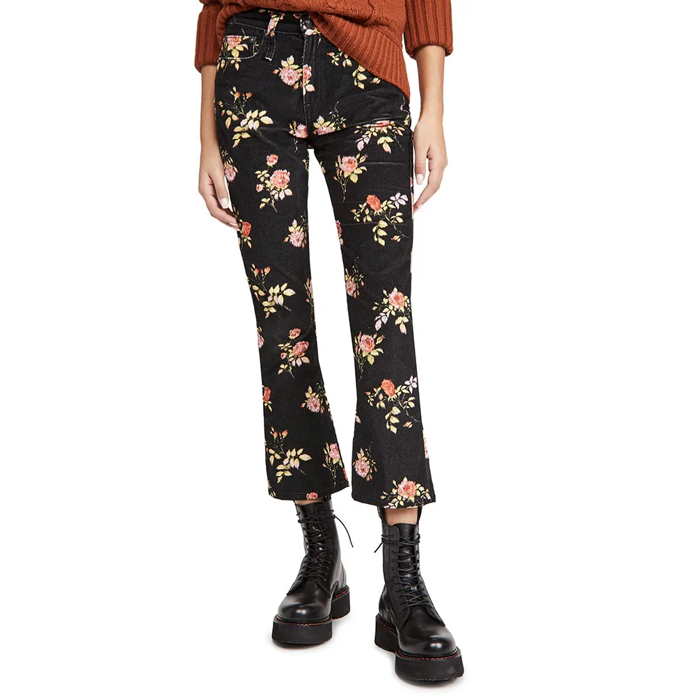 

2023 Autumn New Y2k Floral Printed Flat Flannel Nine Minute Pants Retro High Waist Fashion Hundred Cotton Flared Pants Women