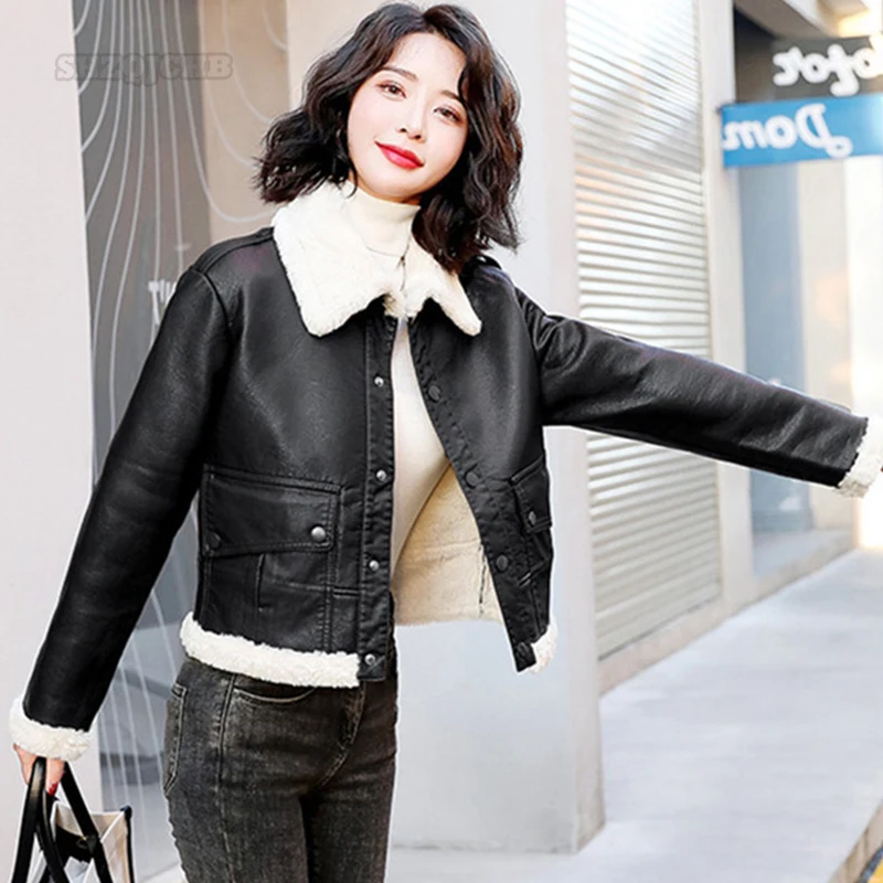 

2022 Genuine Leather Women's Winter Coats Casual Pocket Short Single Breasted Biker Sheepskin Leather Fur Stitching Jacket Woman