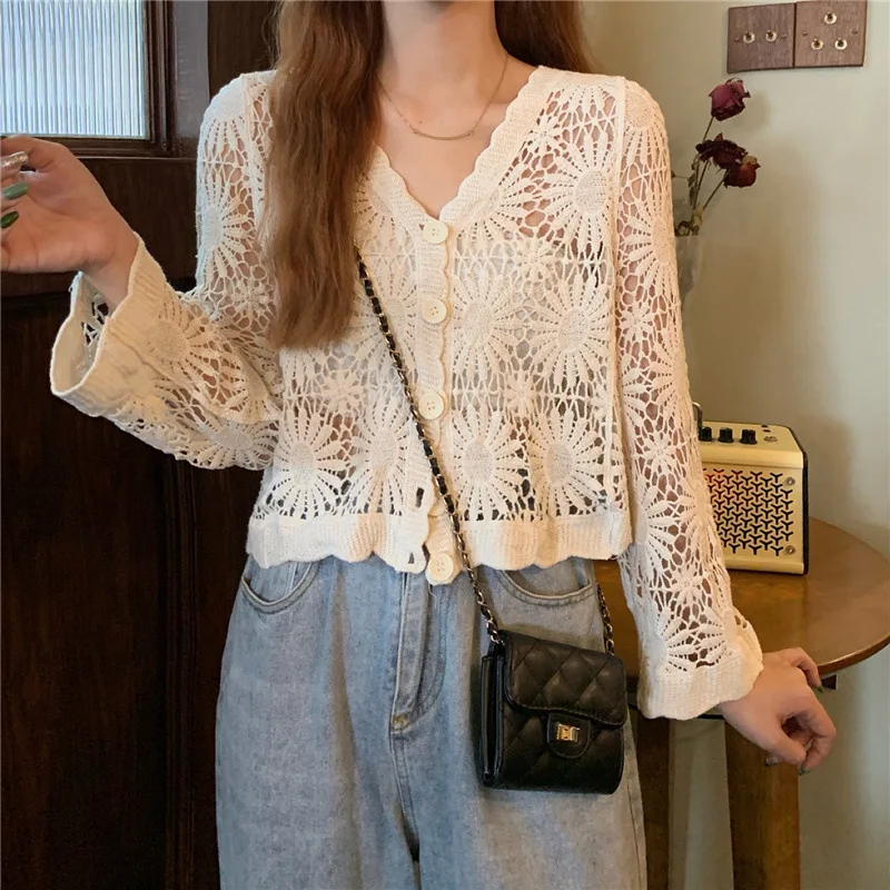 2023 New Hollow-out Knitted Sun-Proof Cardigan Women's Thin Blouse Summer V-neck Air Conditioning Shirt