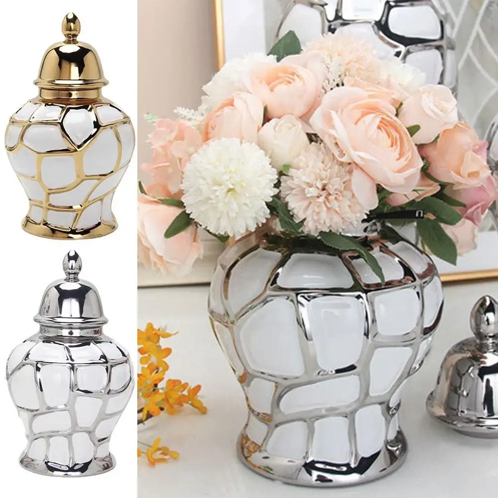 

Vase Gold Grid Ceramic Light Luxury Electroplating General European Flower Vintage Vase Jar Decoration Style Handicraft F5h0