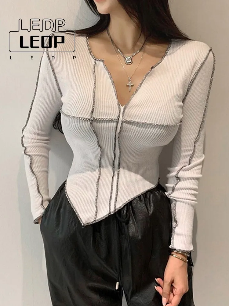 LEDP Spring 2022 Vintage T Shirt Long Sleeve Slim Patchwork Crop Tops Patchwork T-shirt Women Korean Clothes Y2k Tee Tops