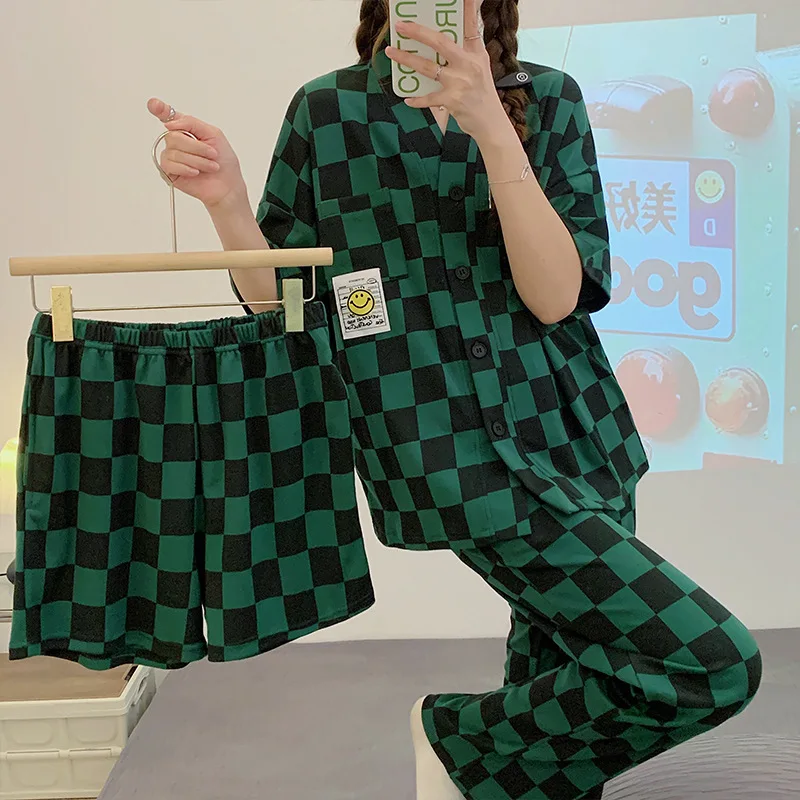 Yasuk Spring Summer Autumn Women's Casual Soft Cotton Simple Sleepwear Pajamas Set Long Short Pants Plaid Smile Sweet Girl 3Pc