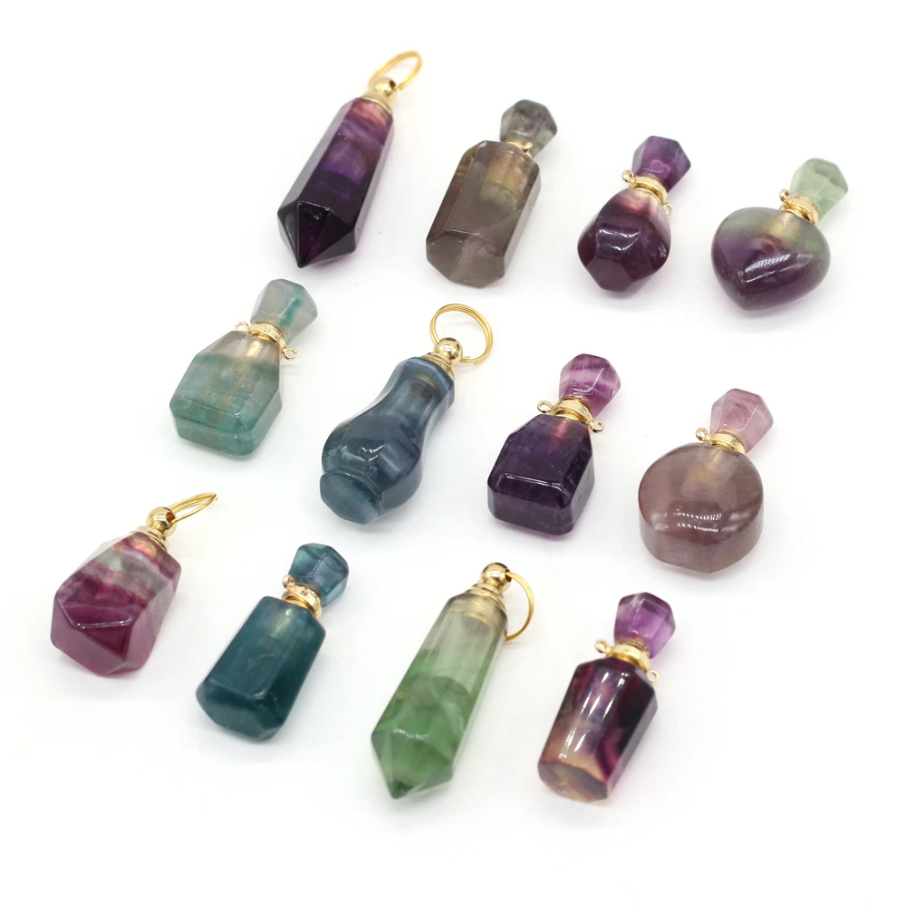 

Natural Stone Amethyst Fluorite Perfume Bottle Essential Oil Diffuser Pendant For Jewelry Making Necklace Accessories Charm Gift