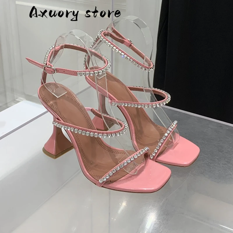 New Open Toe High Heels Women Women's Sandals with One Strap New Fairy Fashion All-Match Square Toe Rhinestone