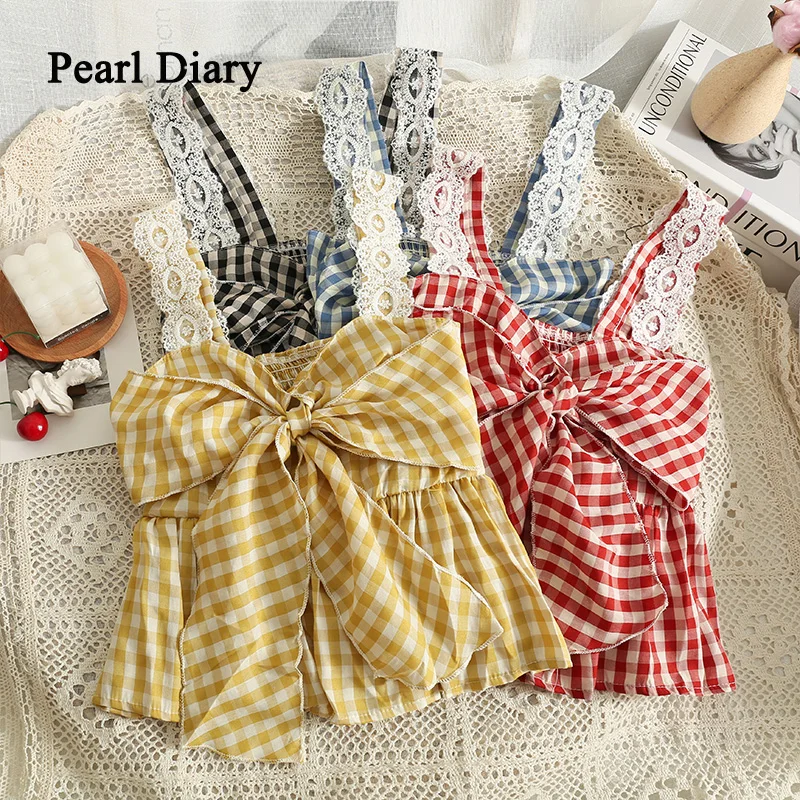 

Pearl Diary Splicing Short Chequer Crop Top New Style Retro Fashion Woman Clothes Bowknot All-Match Sling Vest