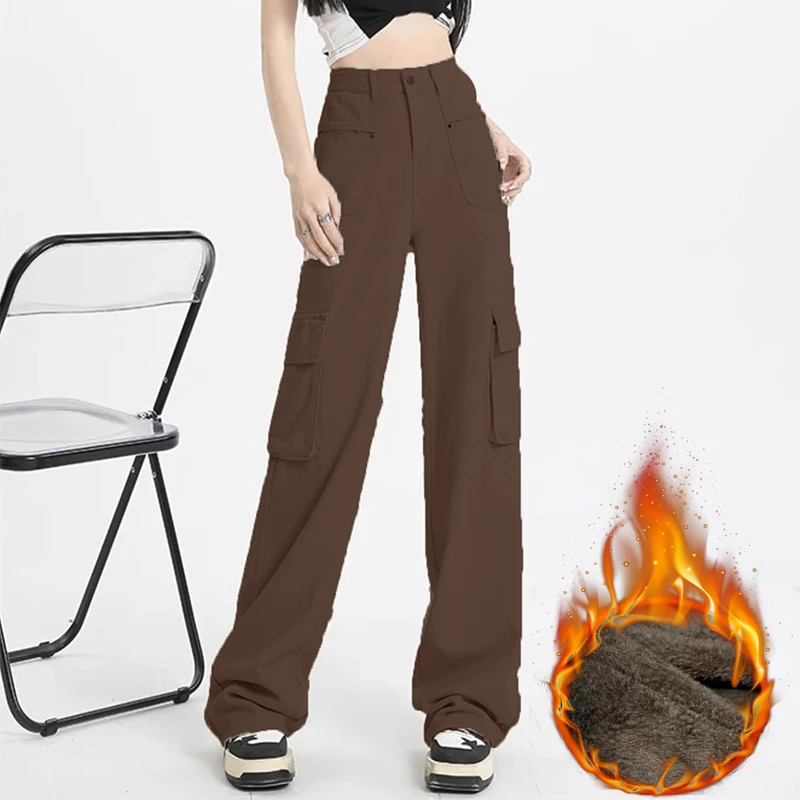 Корейские широкие джинсы-карго на бархатной подкладке с высокой талией толстые