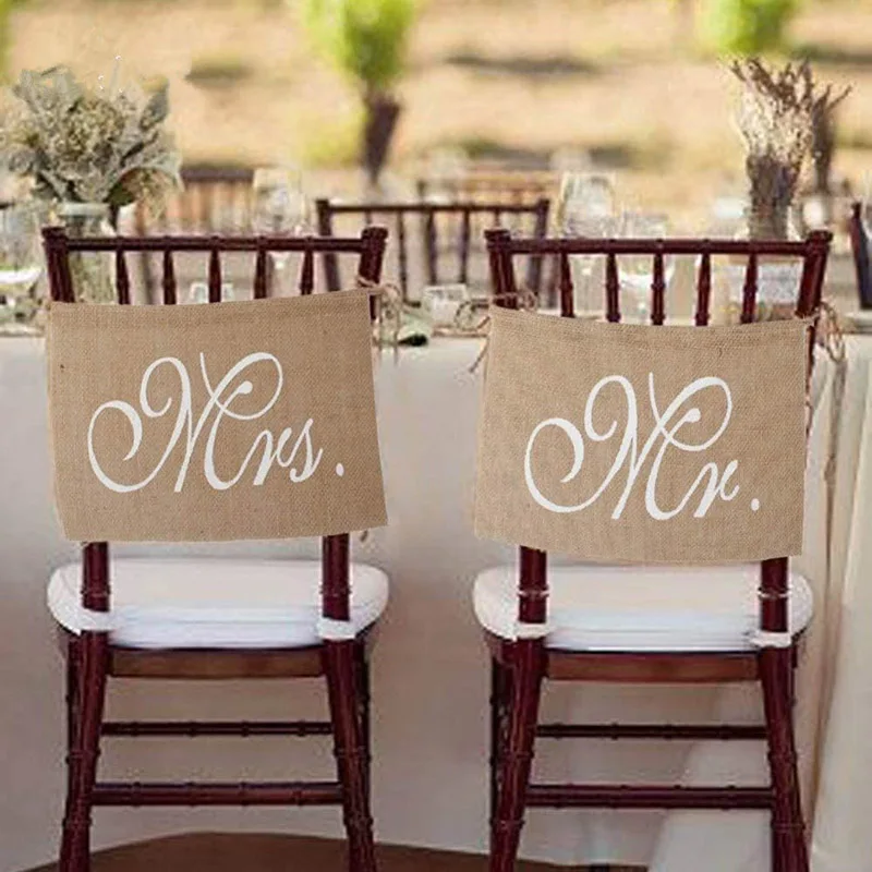 

1 Set Mr Mrs Wedding Chair Banner Jute Burlap Flags Hanging Sign Vintage Rustic Wedding Decoration Photo Props Party Supplies