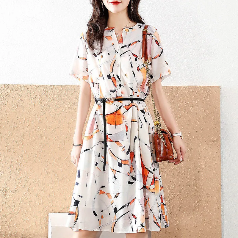

Summer Women Knee-length Chiffon V Neck Puff Short Sleeve Print Belt New Fashion Vintage Dresses