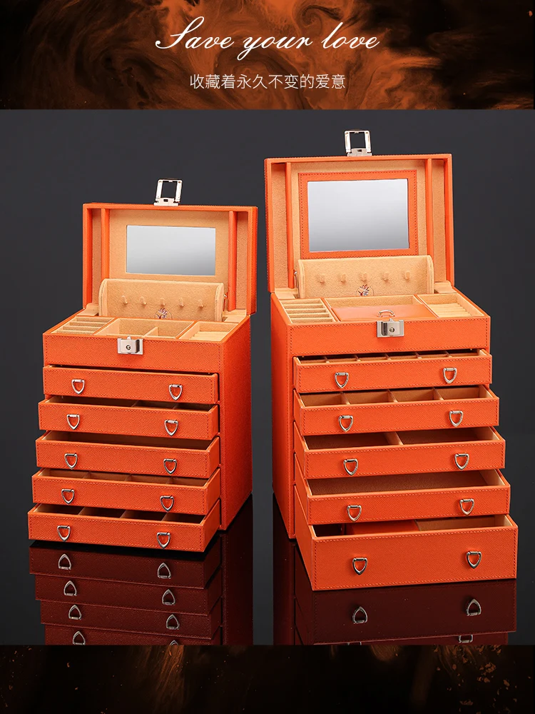 Luxury Multi Layer Jewelry Storage Box Organizer Large Capacity Jewelry Storage Box Organizer for Girl with Lock Genuine Leather