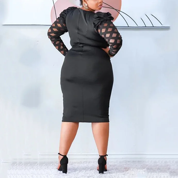 Plus Size Dresses for Women Black Large Bodycon High Waisted Full Sleeve Round Neck Mid Calf Elegant Oversized Autumn Dress Big