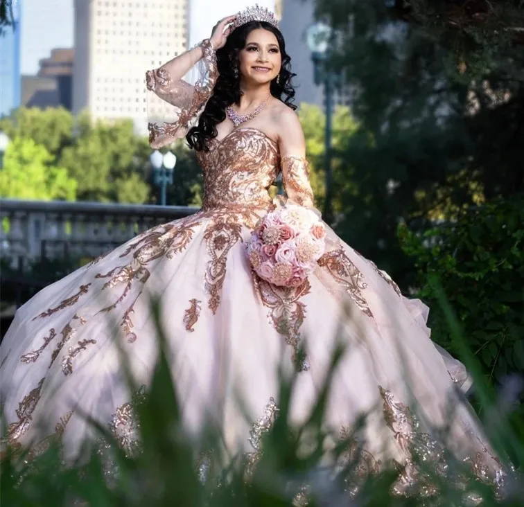 ANGELSBRIDEP Румяные платья Quinceanera со съемными рукавами и аппликацией из пайеток Vestido