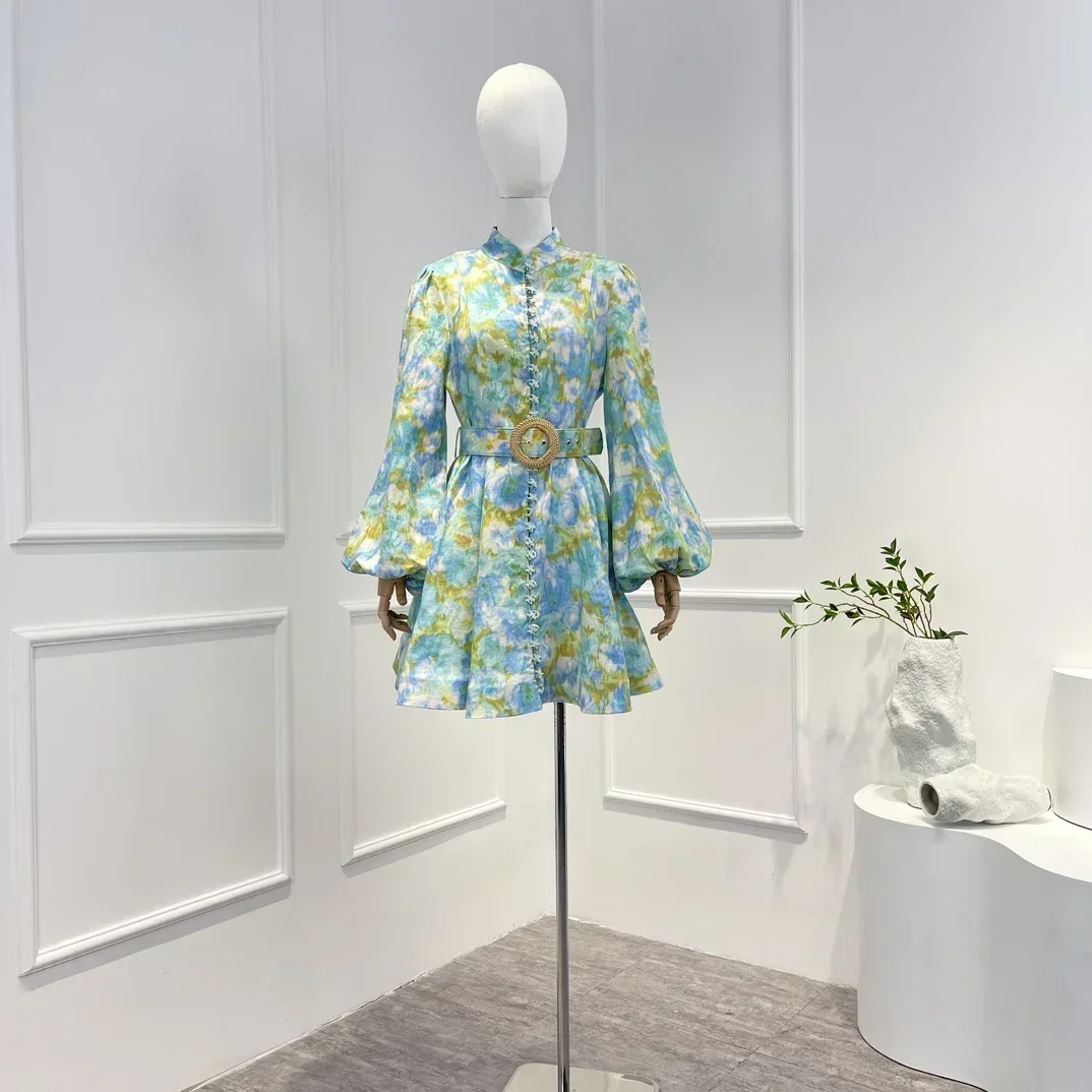 

Vintage Pure Linen Floral Printing Blue Mini Dress with Belt High Quality Hot Sale for Women