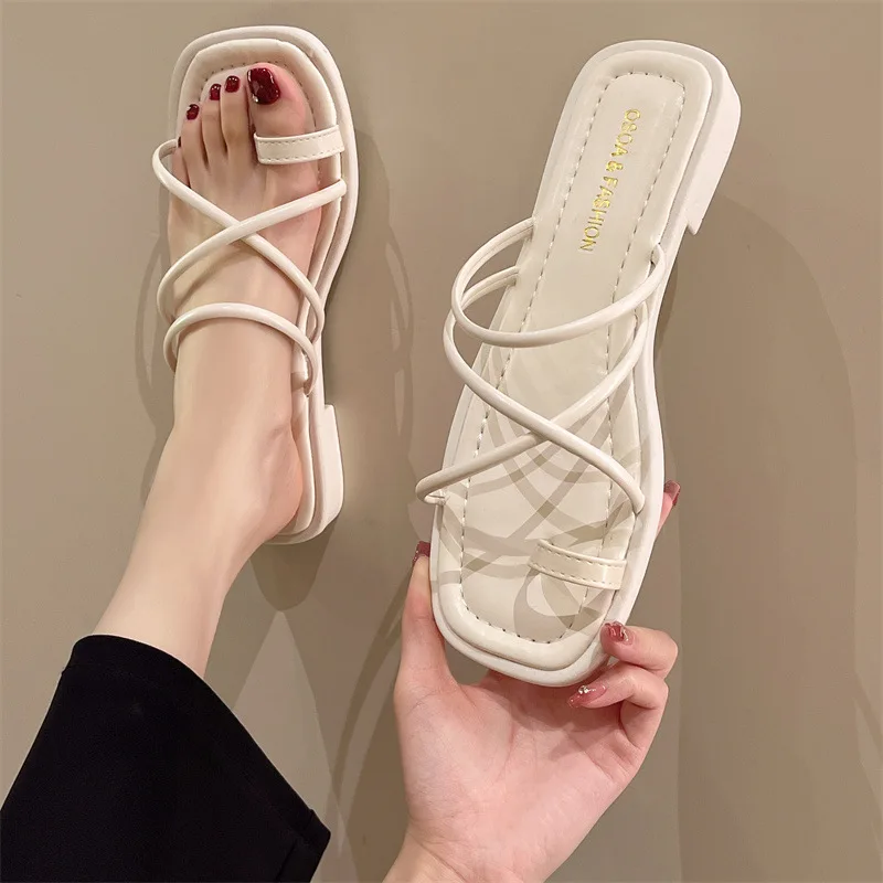 Low Shoes Slippers Flat Slides Slipers Women 2023 Scandals PU Fabric Rome Hoof Heels Basic Shoes Woman's Slippers Low Slides 202