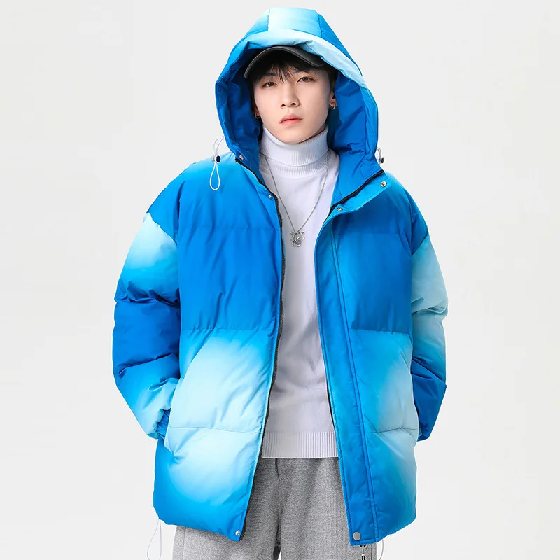 Men's Fashion Gradual Color Hooded Cotton Jacket Winter Loose Thermal Jackets Youth Outdoor Sports Coats Men Clothing