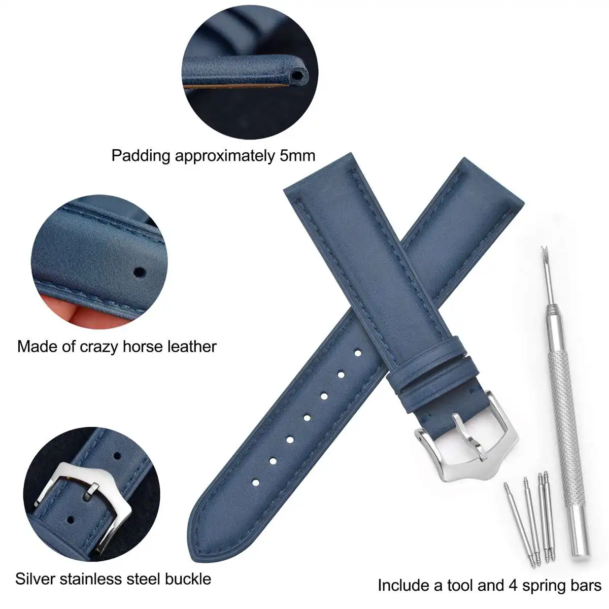 WOCCI Cowhide Genuine Leather Watch Band 18mm 19mm 20mm 21mm 22mm 23mm Straps Bracelet Belt with Stainless Tip Buckle