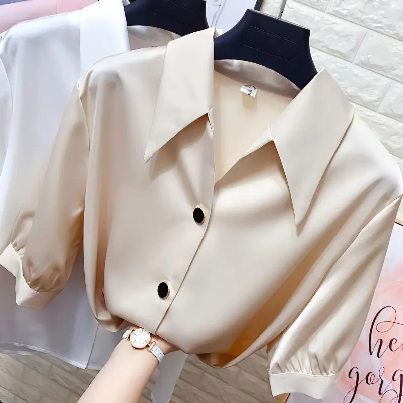 

Tops Women 2023 Shirt Spring Summer Polo-neck Short Sleeve Office Lady Loose Korean Style Single-breasted Solid Color Popularity