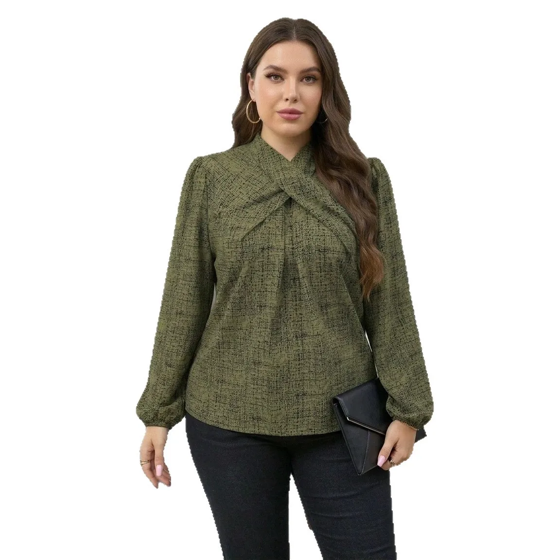 Фото Рубашка-блузка больших размеров 0XL-4XL, модная элегантная модель с принтом, V-образным вырезом, 3XL 4XL, женская футболка с длинным рукавом для осени и весны. №5