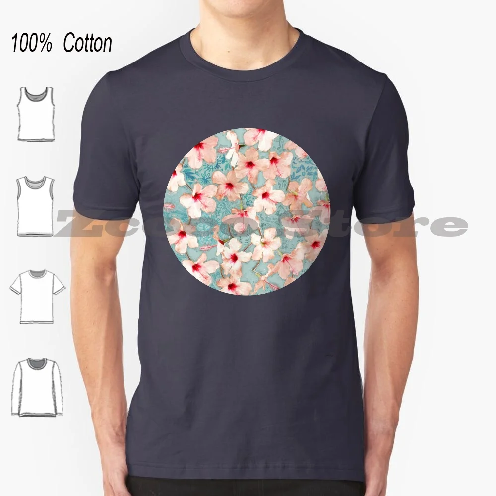 Shabby Hibiscus Pattern In &amp Mint T-Shirt 100% Cotton Men Women Personalized Floral Flower Doodle Pink