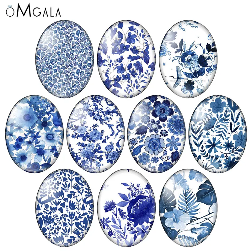 

Blue color watercolor flowers patterns 10pcs 13x18mm/18x25mm/30x40mm Oval photo glass cabochon demo flat back Making findings