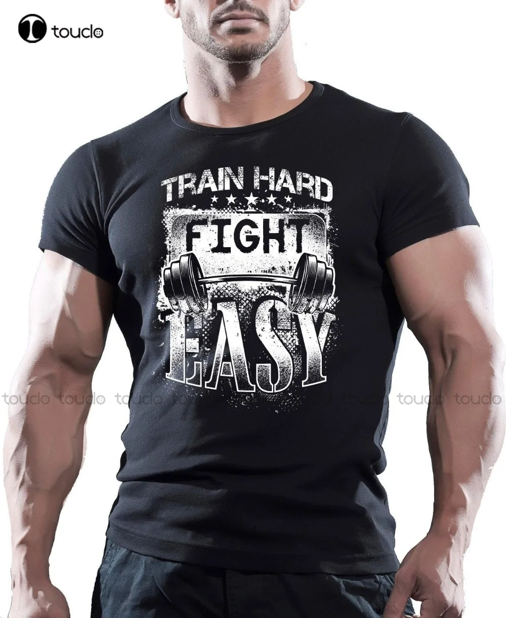 

New Men'S T Shirt Train Hard Fight Easy Bodybuilding Gym T Shirt Muscle Top Mma Workout Funny O Neck T Shirt Unisex Cotton