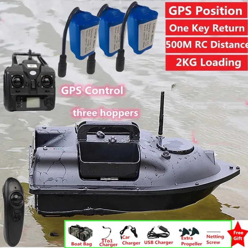 Фото Интеллектуальная 16-точечная GPS-лодка с рыболовной приманкой, 500 м, 2 кг, загрузка GPS-позиции, эхолот, радиоуправляемая рыболовная лодка, 3 хопперы, гнездовой круиз GP №1