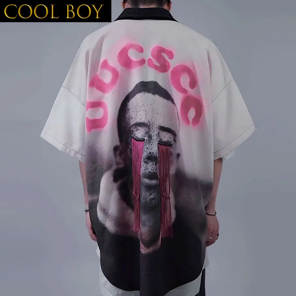 

E BOY Hip-hop High Street Trendy Short-sleeved Shirt Men's Summer Loose Abstract West Coast Tassel Retro Casual All-match Top