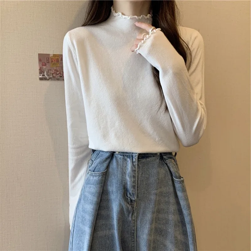 Half-high Collar Dralon Knitted Bottoming Shirt Inner wear Women Autumn and Winter Design Sense Shoulder Long sleeves W...