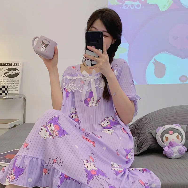 

2023 New Sanrio Pajamas Long Skirt Cartoon Kuromi My Melody Cinnamoroll Summer Fat Girl Loose Pajamas Women's Home Clothes Gift
