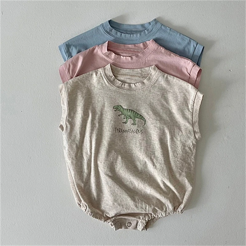 

5058B Korean Baby Clothes Dinosaur Bodysuit 2023 Summer New Soft and Comfortable Cute Boy's Dinosaur Climbing Clothes
