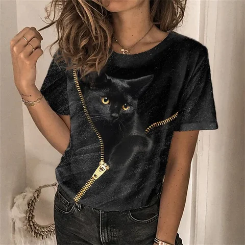2023 Fashion Women's T-Shirts Animal 3D Print Tops Short Sleeve T Shirt Summer Kawaii Cat Graphic Tees Loose Oversized Clothing