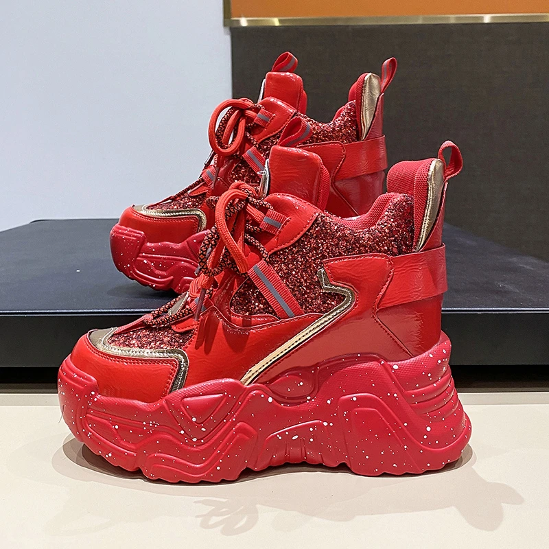 

New Chunky Casual Shoes Women Leather Sneakers Winter Trainers Platform Bling Shoes 9CM Hidden Heels Outdoor Sport Dad Shoes