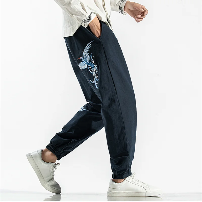 

Harem Pants Men's Embroidered Casual Cotton Linen Trousers Men's Jogging Pants Loose Pants Solid Color Street Style