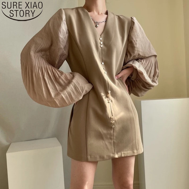 

Женское Плиссированное короткое платье, винтажное однобортное платье мини с длинным рукавом-фонариком и V-образным вырезом, весна 2022