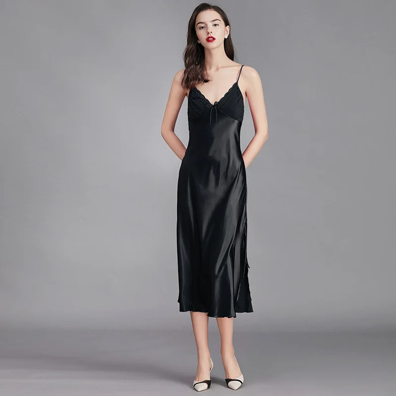 

QWEEK Nightdress Women Sleepwear Solid Color Sling Long Dress Batas De Dormir Para Mujer Nightwear Sexy Camisoles Silk Homedress