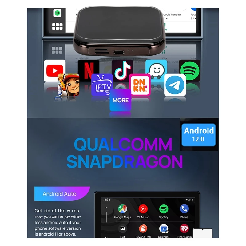 

Version Carplay Ai Box Android 12.0 Wireless Applepie 4+64G Qualcomm Module 4GLTE WIFI Audio GPS Smart Box