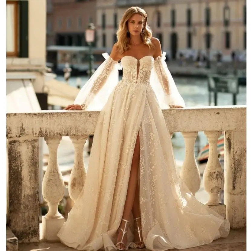 

Chic Wedding Dress Sexy Split Off Shoulder Detachable Sleeves Evening Party Gown Elegant Lace Appliques Vestido De Noiva 2023
