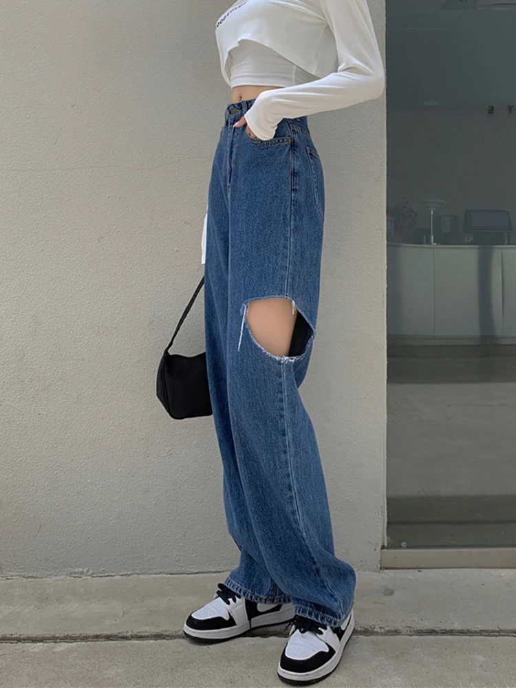 

88 Cotton Jeans Retro Streetwear Holes Denim Pant Women High Waist Trousers Loose Casual Wide Leg Mom Jeans Y2K Clothing S-XL