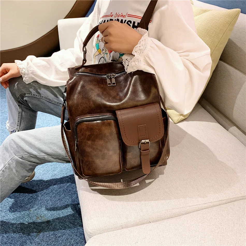 

2024 Women PU Leather School Bags Vintage Backpack Big Schoolbag Mochila Feminina Brown Black Backpacks Sac A Dos Bagpack