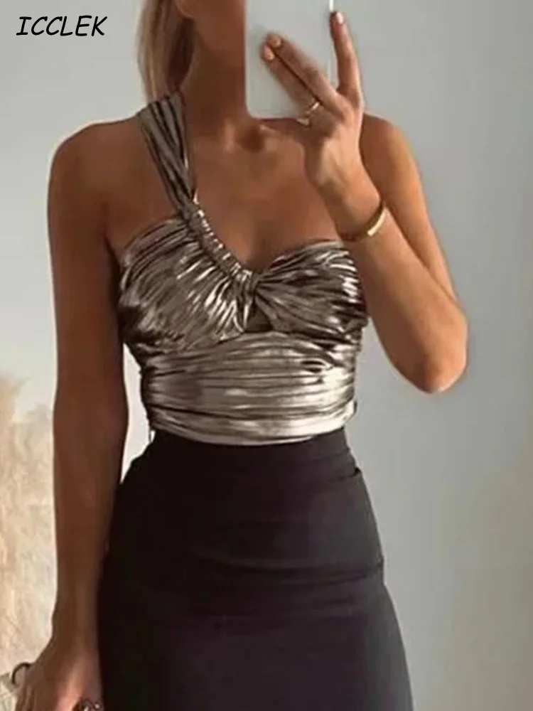 

Icclek Y2k Clothes One Shoulder Hollow Out Corset Top Silver Shine Women Crop Top Summer Sexy Tank Tops Female Club Streetwear