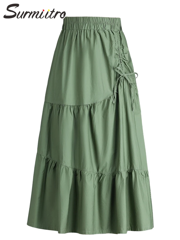 

SURMIITRO 2022 Summer Korean Fashion 100% Cotton Green Lace Up Midi Long Pleated Skirt Women High Waist A Line Skirt Female
