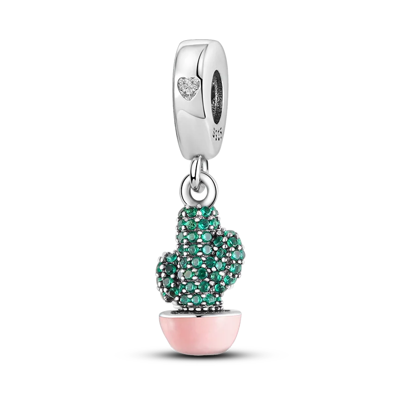 

925 Sterling Silver Pink cactus Pendant Charm for Women Original Silver Bracelet or Necklace KTC071