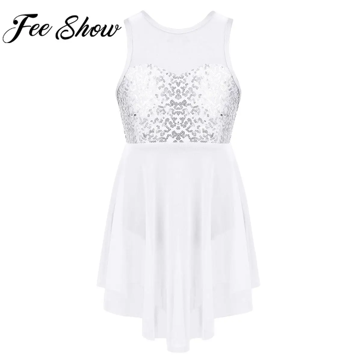 

Girls Shiny Sequin Tutu Ballet Leotard Dress Sleeveless Irregular Hem Lyrical Dance Dress Dancewear Stage Performance Clothing