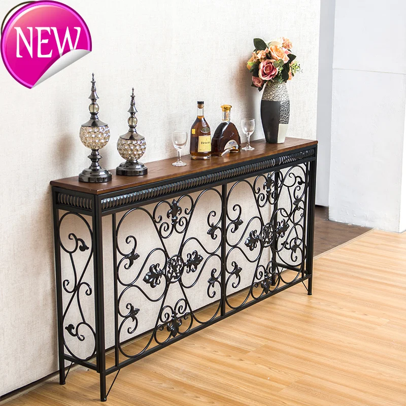 European-style Iron Console Table Porch Narrow Table Side Cabinet Hallway Furniture Iron Flower Frame Design