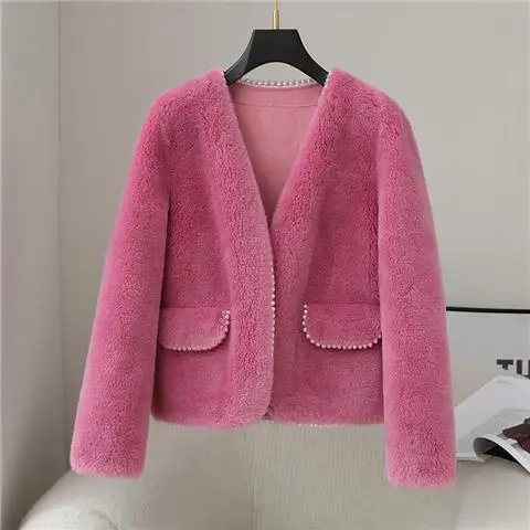 2023 New Women Winter Korean Real Fur Coats Casual Thick Warm V Neck Solid Coats Sheep Shearing Fur Luxury Jackets Q117