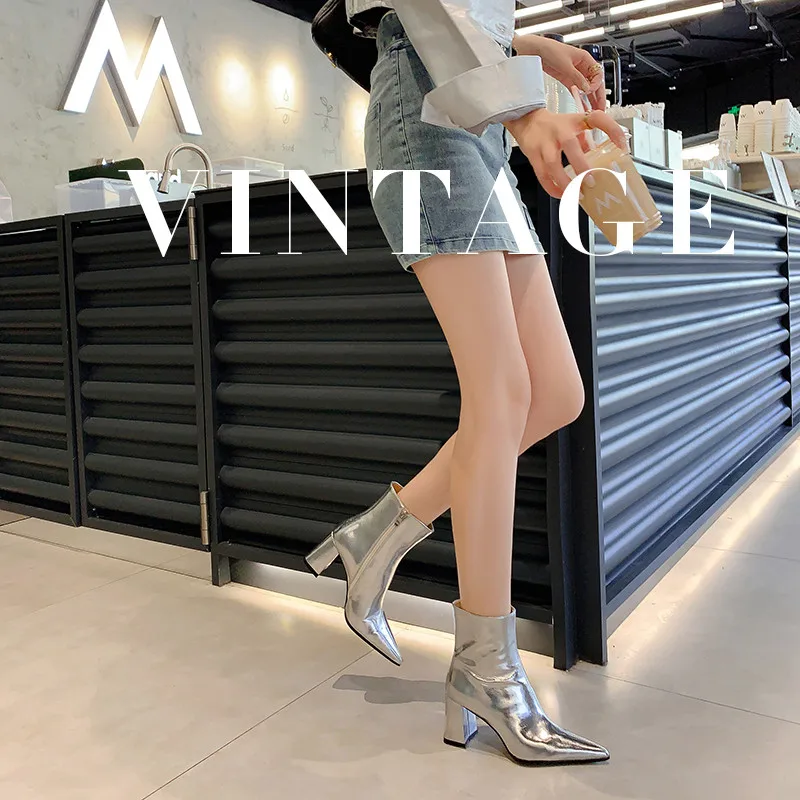 

MKKHOU Fashion Ankle Boots Women New High Quality Real Leather Prong Side Zipper Thick High Heel Gold Silver Leather Boots