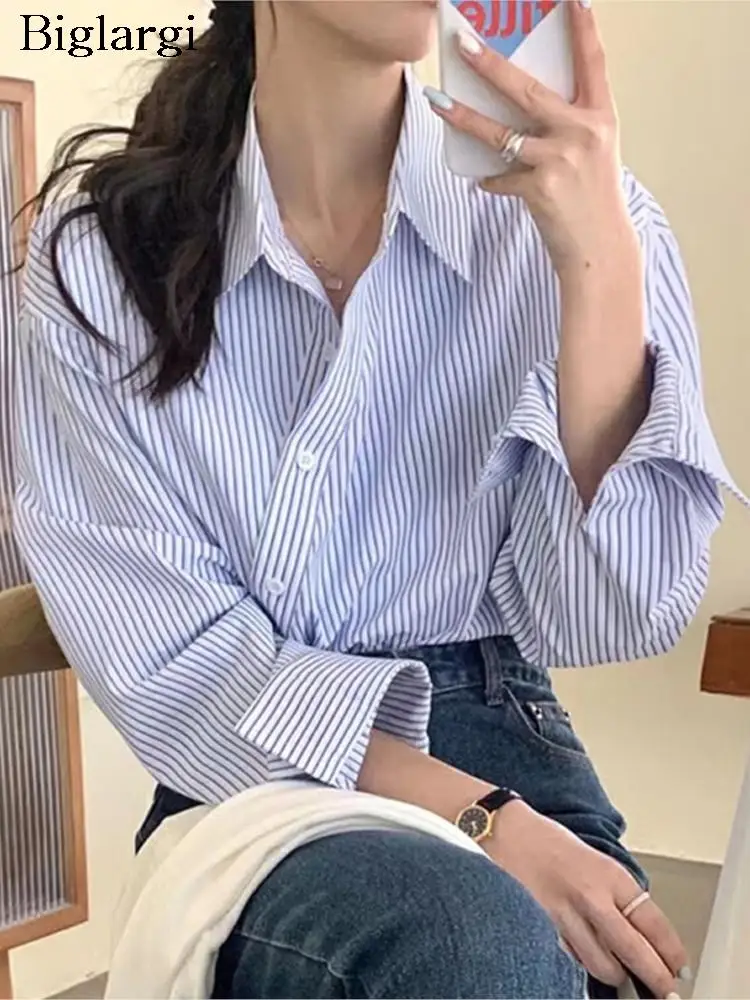 

Autumn Shirt Top Women Striped Print Korea Style Irregular Long Sleeve Ladies Blouses Fashion Casual Loose Woman Top 2023